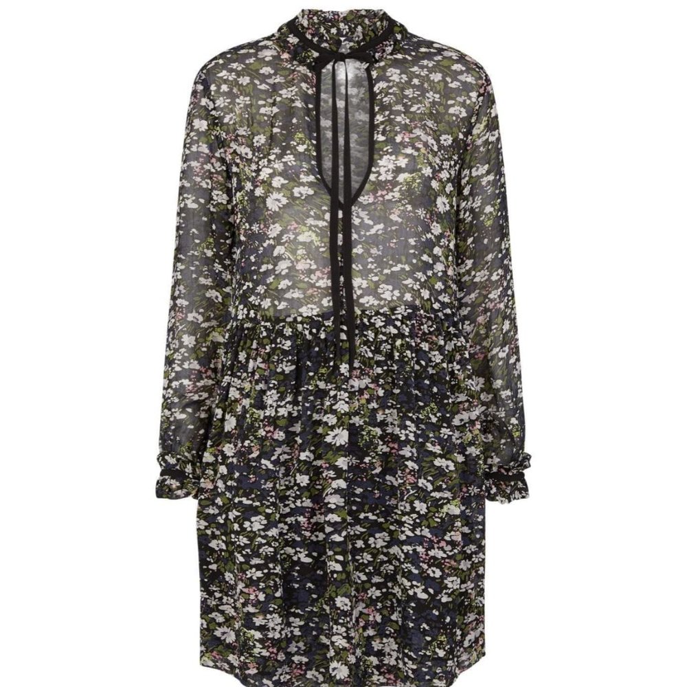 GANNI GEORGETTE FLORAL LONG-SLEEVE MINI DRESS